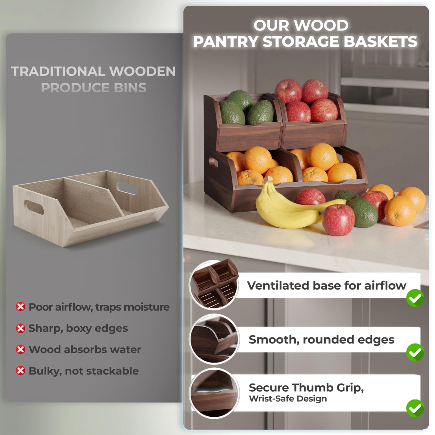 NAGAWOOD Acacia Wood Pantry Storage Bins - Stackable Open Front Kitchen Baskets with Airflow Vent for Potato, Onion, Fruit, Vegetable, and Bread Storage, Wood Organizer for Pantry and Countertop
