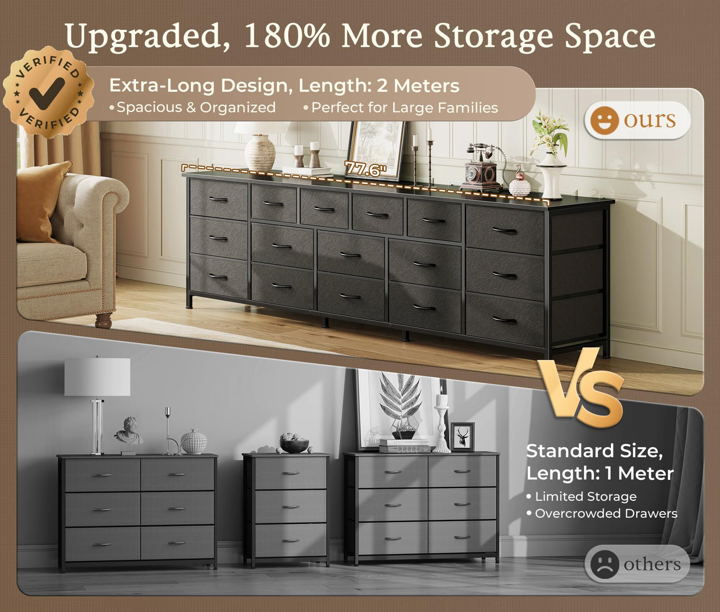 Huuger 77.6" Long Dresser for Bedroom, 16 Drawer Fabric Dresser for Closet, Wide Chest of Drawers with Storage, TV Stand for 65, 75, 85 Inch TV, 77.6" W x 13" D x 26.4" H, Black