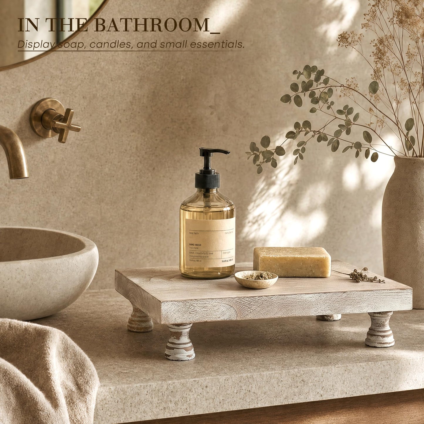 Wood Display Risers for Bathroom Vanity and Kitchen Decor, Natural Wood