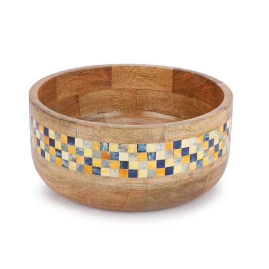 Lahumzco Handmade Wooden Serving Bowl – 9 Inch Mango Wood Salad, Snack & Fruit Bowl with Multi Color Checkered Inlay – Rustic Decorative Tableware for Kitchen & Dining Table