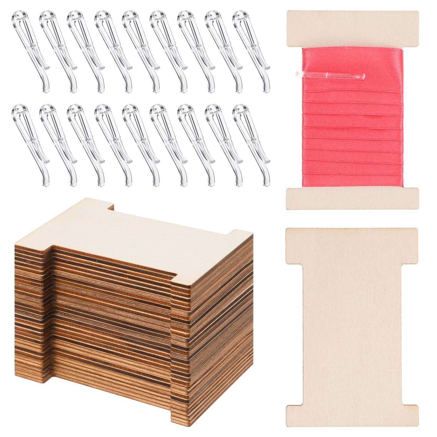 Kuyeyzu 200 Pcs Ribbon Storage Organizer Set Wooden Spools with Plastic Clips Embroidery Floss Organizer for Cross Stitch Sewing Craft DIY Thread Holder Flat Bobbins