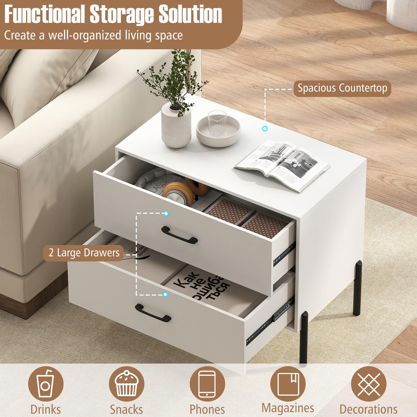Giantex 2-Drawer Dresser, Modern Wooden Nightstand with Metal Legs & Handles, Anti-Tipping Kits, Compact Side Table, Small Dresser Chest of 2 Drawers for Closet, Bedroom, Sofa Side, Dorm (1)