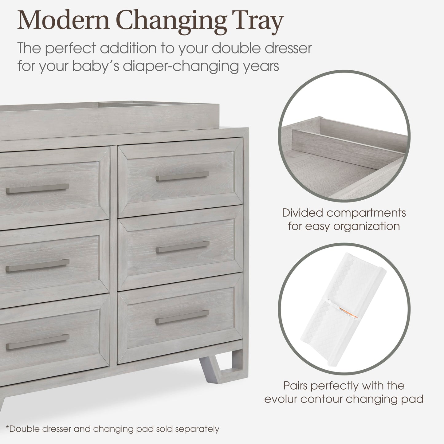 Evolur Mini Changing Tray in Sunbleached – Solid Wood Dresser Changing Station with Safety Brackets and Storage Compartments – Converts Dresser into Baby Changing Topper, Easy Assembly, ASTM Certified