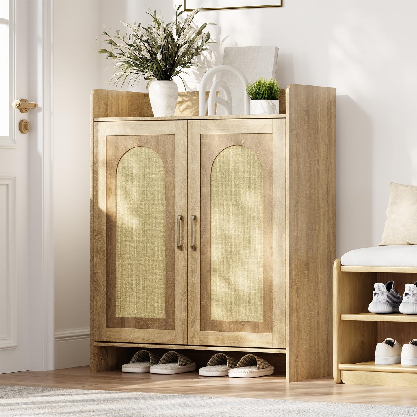 Garvee Shoe Cabinet Storage for Entryway, Rattan Storage Cabinet, Wooden Shoe Rack with 2 Doors, Farmhouse Boho Wood Shoe Organizer Cabinet for Entrance Hallway Living Room Foyer