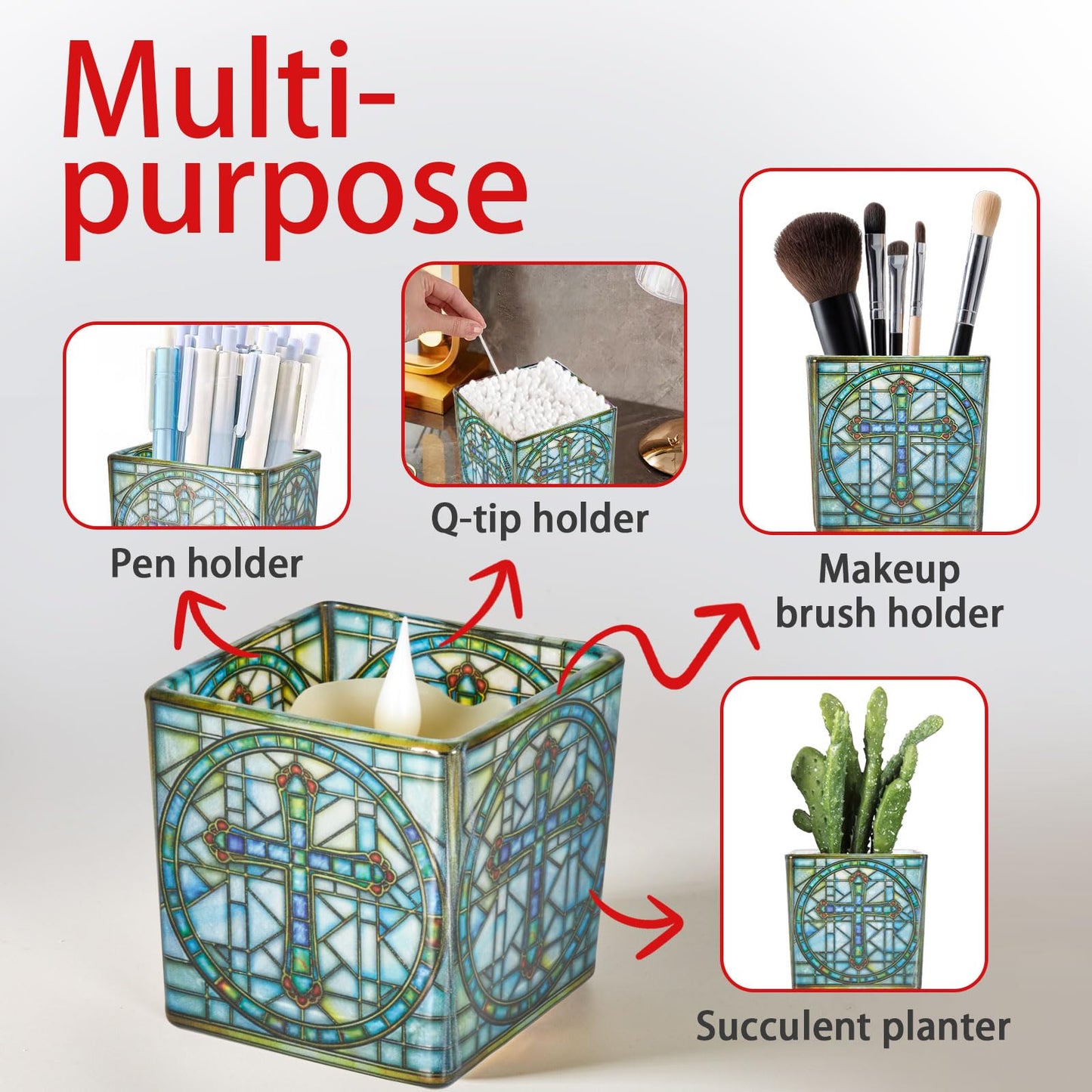 Square Glass Vanity Organizer Religious Cross Altar Ofrenda Qtip Holder Makeup Brush Holder Pen Cup Tealight Candle Holder Table Decor Bronze