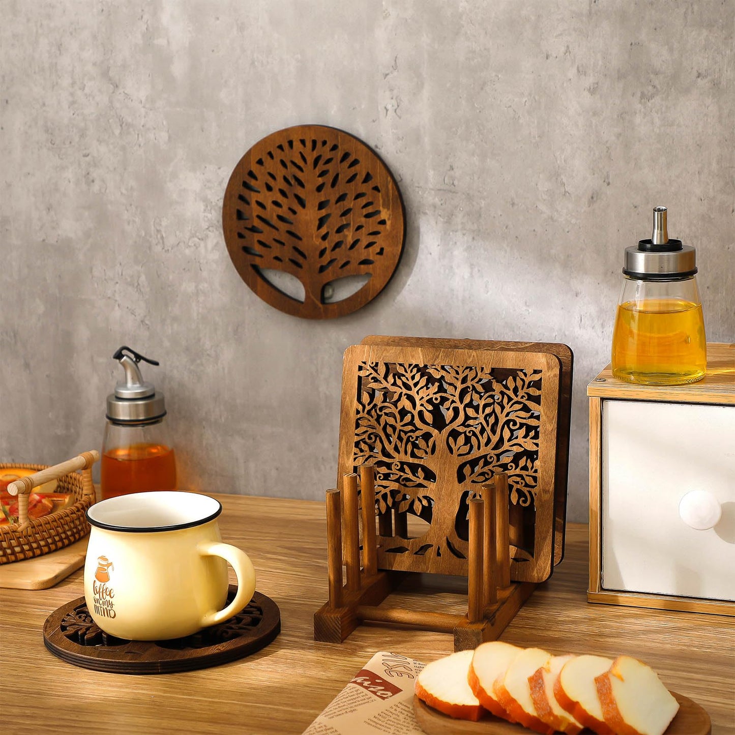 Beeveer 5 Pcs Life Tree Wooden Trivets with Storage Rack Hot Pads Trivets for Hot Dishes Pots and Pans Heat Resistant Mat Set Tea Pot Holders for Kitchen Dining Table(Dark Wood)