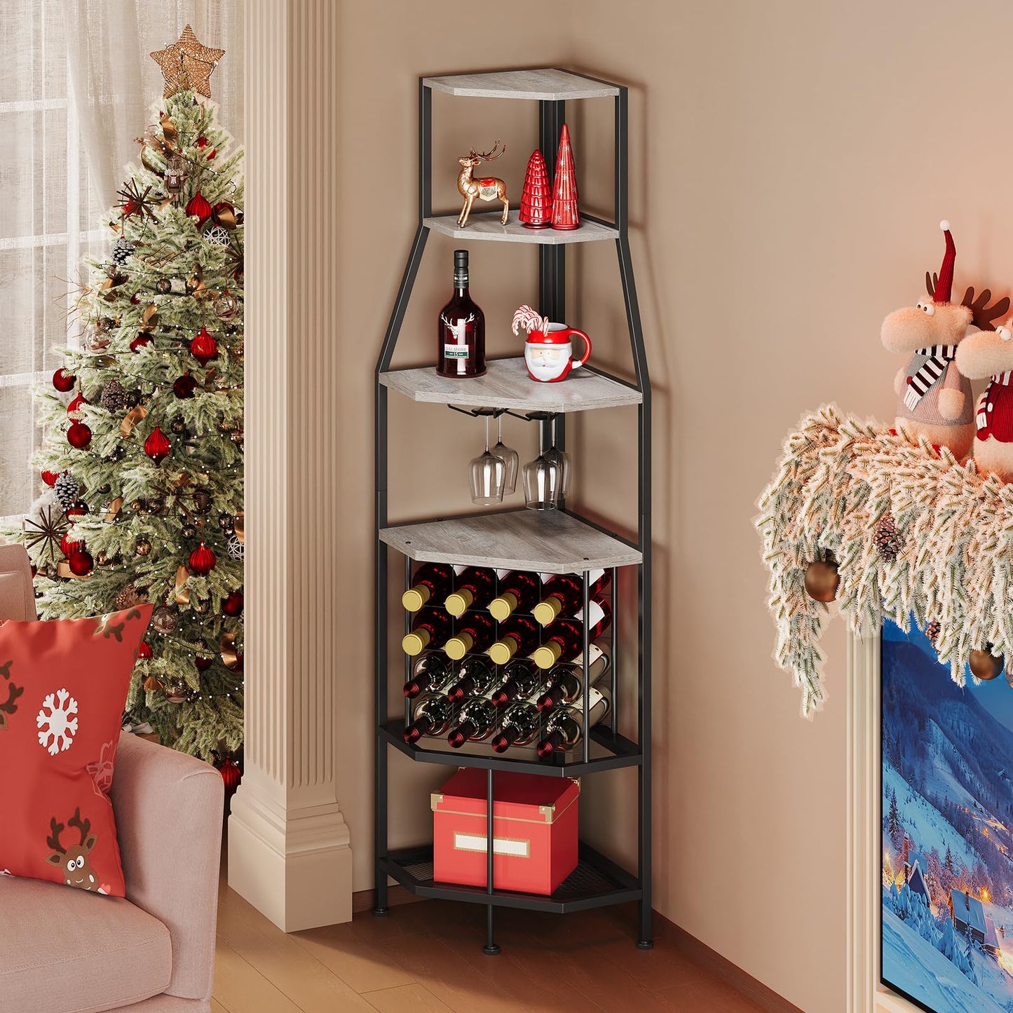 Espelism 5-Tier Corner Wine Rack Floorstanding with Glass Holder and Bottles Wine Storage Home Bar Furniture for Home Kitchen Dining Room Industrial Metal and Wooden Corner Shelf