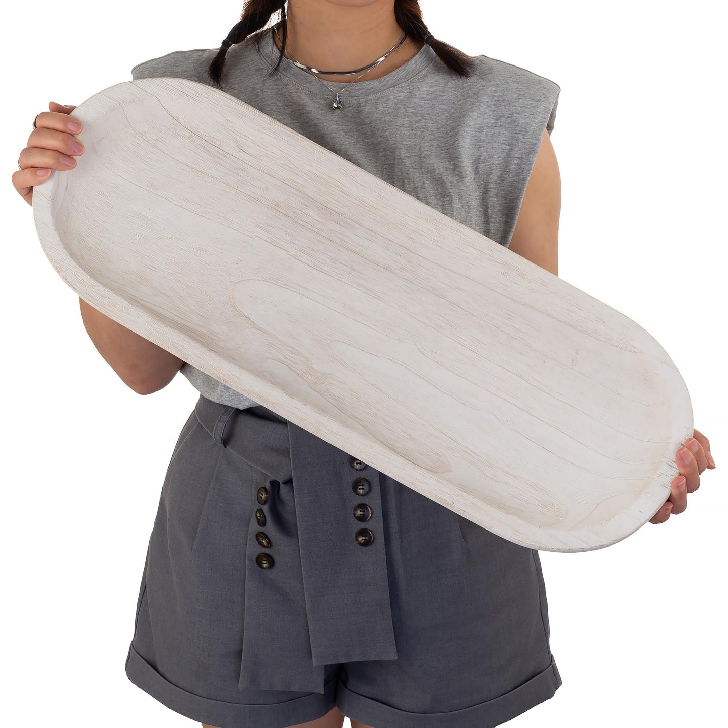 Hanobe Decorative Bowl Large Wooden: 25.5" Extra Long Wood Dough Bowls for Entry Way Table - Farmhouse Coffee Table Decor - Rustic Dining Table Centerpiece Decor, White