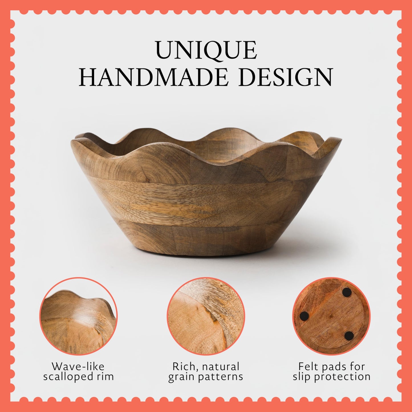 Mela Artisans 10 & 12 in Scalloped Acacia Wood Salad Bowl Set – Decorative Serving Bowls and Wooden Fruit Bowls with Natural Finish for Pasta, Bread & Kitchen Table Decor