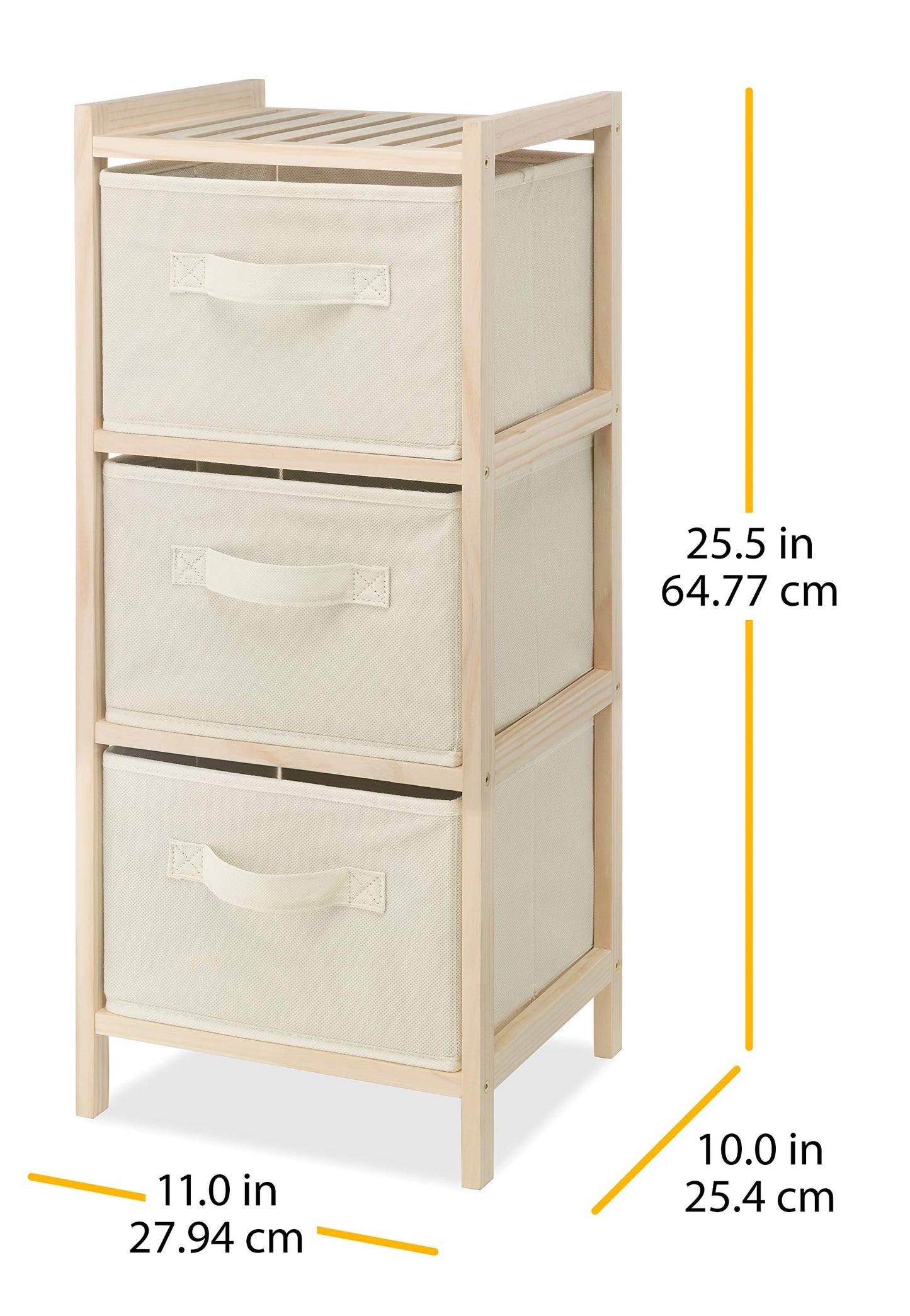 Whitmor 3 Drawer Wood Chest Organizer, Natural Pine Storage with Pull Out Fabric Bins, Easy Assembly, Compact Design for Bedroom Closet Nursery, 11.0"L x 10.0"W x 25.5"H