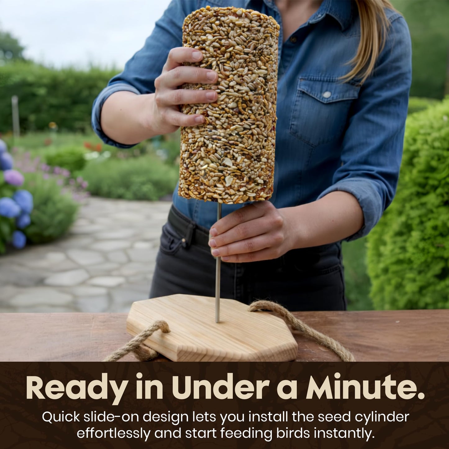 Cylinder Bird Feeders for Outdoors - Weather Resistant Wood Cylinder Feeder with a Bird Safe Protective Clear Finish - Holds Bird Seed Cylinders with Hole, Logs, & Birdseed Cakes