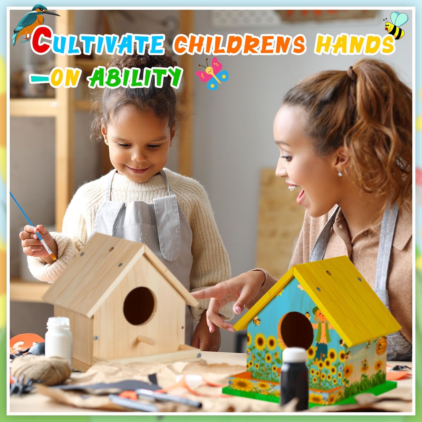 Liliful 12 Sets Wooden DIY Birdhouse Kit, Unfinished Bird Houses with Paints and Paintbrushes, Bird Feeder Craft Arts for Kids Ages 4-8, 8-12, Classroom Activity and Adults Wooden Craft Gifts