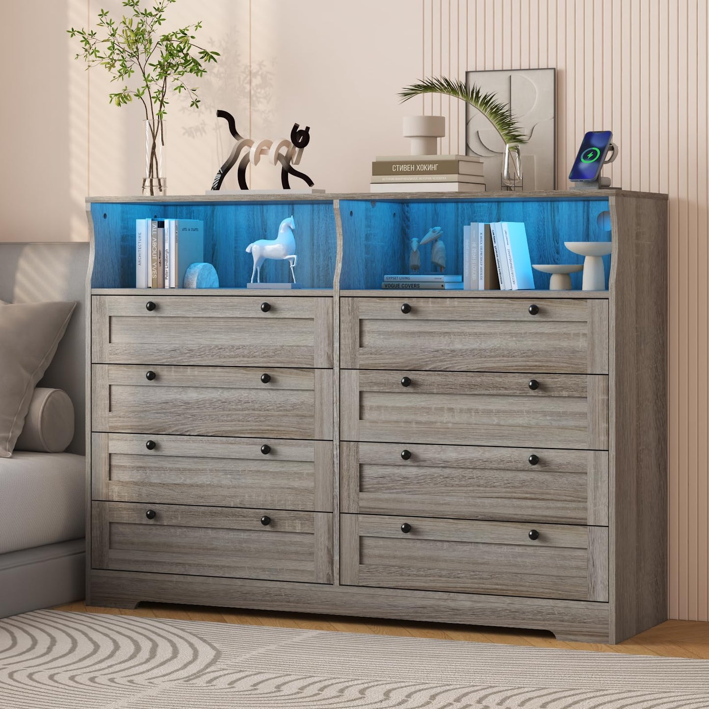 GAOMON 8 Drawer Wooden Dressers for Bedroom with Power Outlet and LED Lights, Grey Wood Chest of Drawers with Deep Drawer, Modern Wide TV Stand Dresser for 55" TV for Bedroom, Living Room, Hallway