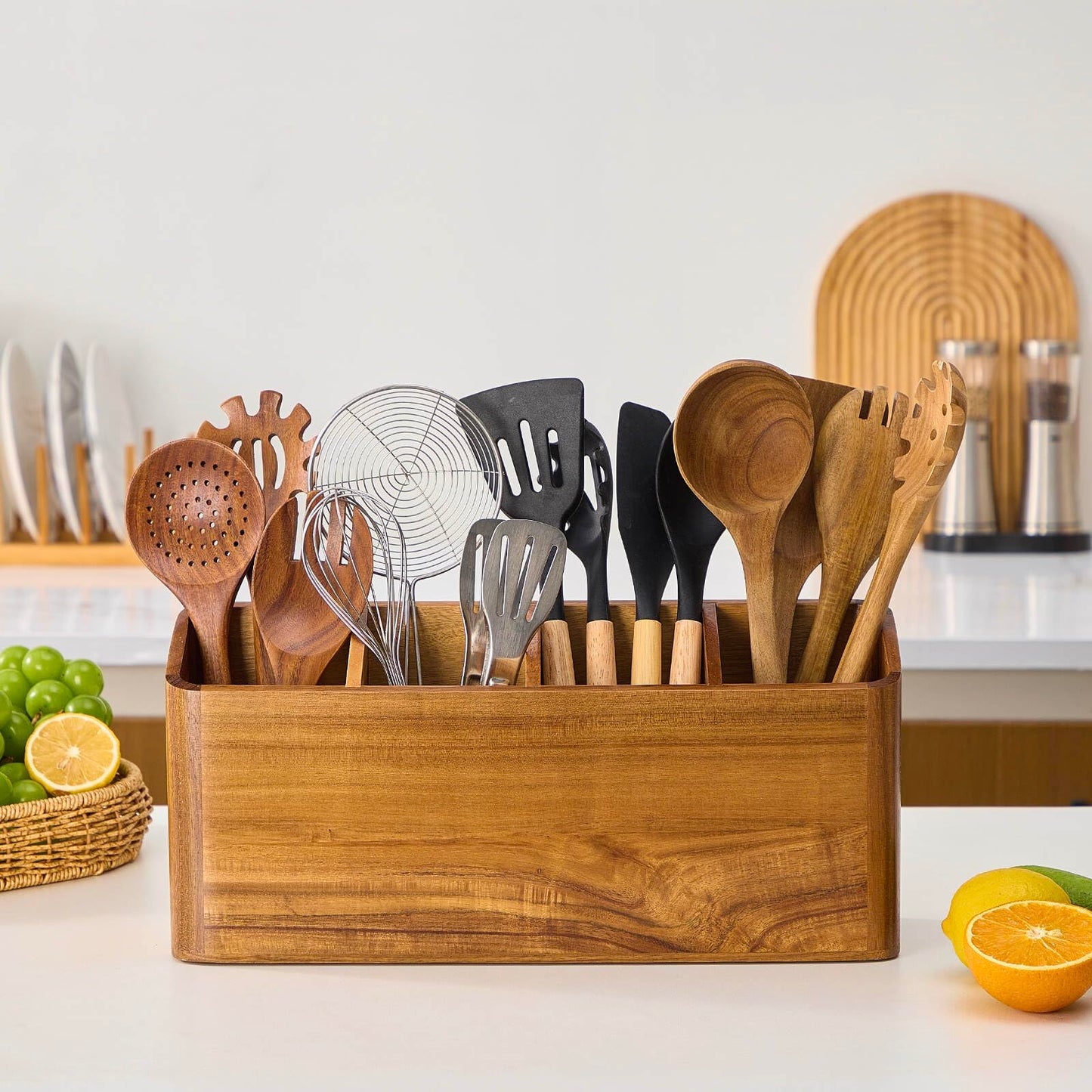 LOHONER Wooden Utensil Holder for Kitchen Counter, Acacia Wood Kitchen Utensil Holder for Countertop with 4 Compartment, Cooking Utensil Organizer, Silverware Caddy (Acacia Wood, 4Compartment)