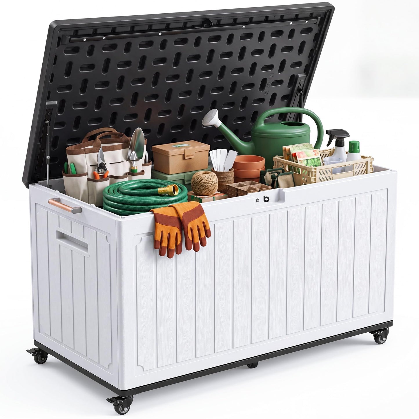 YITAHOME 90 Gallon Outdoor Storage Box with 6 Swivel Wheels & Dual Wooden Handles, Large Double-Wall Resin Deck Box, Lockable Waterproof Patio Organizer for Furniture, Cushions, White & Black