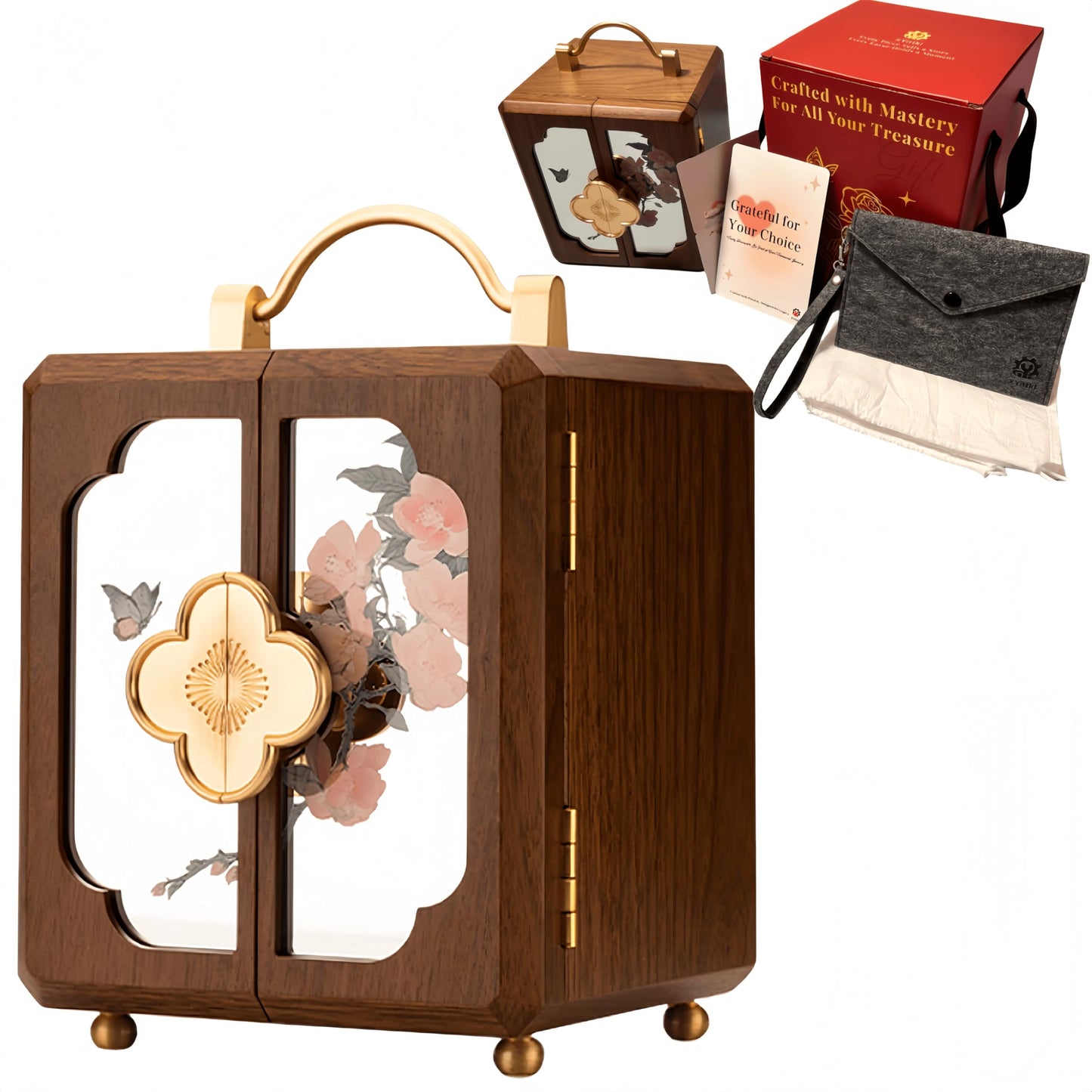 XYittkl Black Walnut Jewelry Box,Handmade Wooden Jewelry Organizer, 4-layer Jewelry Holder with Velvet&Gold Handle, Gifts for Women Mother's Day Anniversary Birthday, Mirrored Floral Window Design