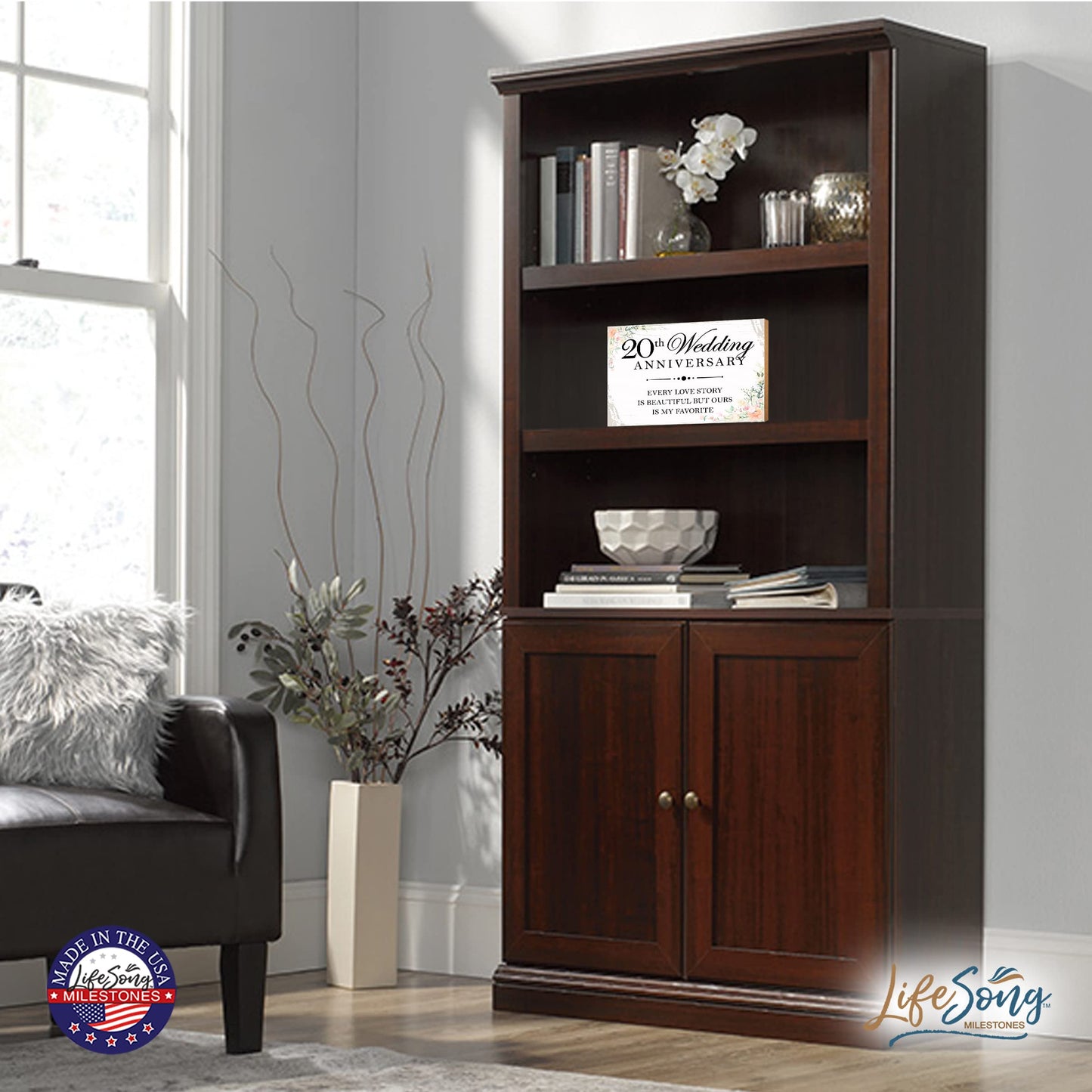 LifeSong Milestones Anniversary Shelf Sitter 5.5x8 - Table Top Décor for Wedding for Couples, Parents, and Her - Wooden Décor (20th White Every Love Story)