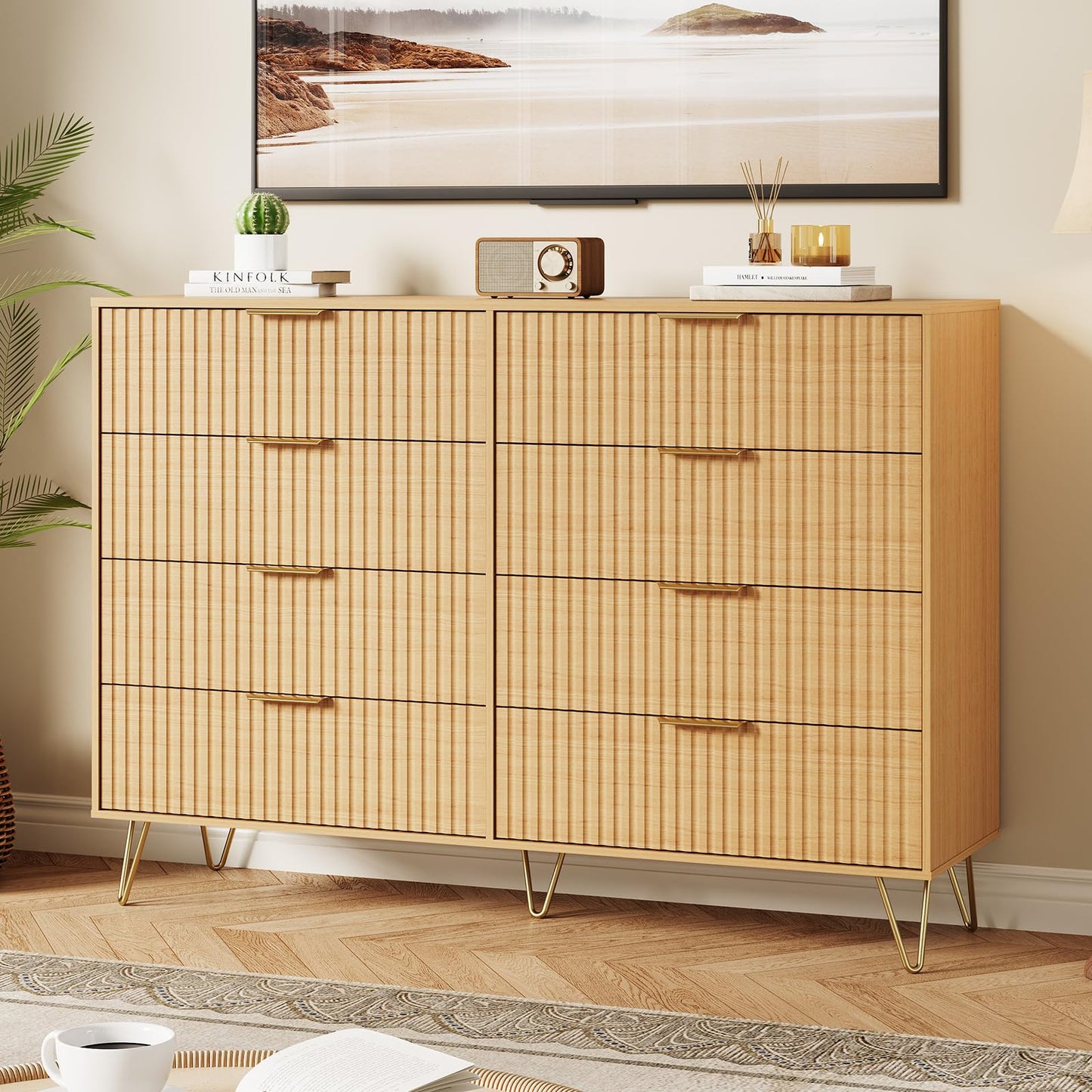 GarveeHome Fluted Dresser for Bedroom with 8 Drawers,55" Wide Modern Chest of Wooden Bedroom Chest with Metal Handle,Clothes Storage Organizer,Dresser & TV Stand for Living Room,Nutural