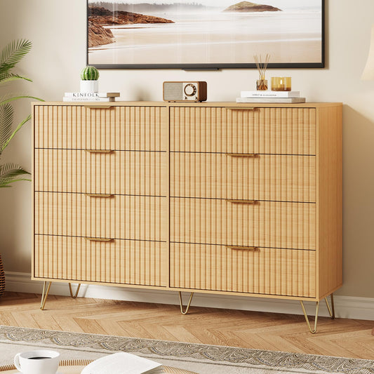 GarveeHome Fluted Dresser for Bedroom with 8 Drawers,55" Wide Modern Chest of Wooden Bedroom Chest with Metal Handle,Clothes Storage Organizer,Dresser & TV Stand for Living Room,Nutural
