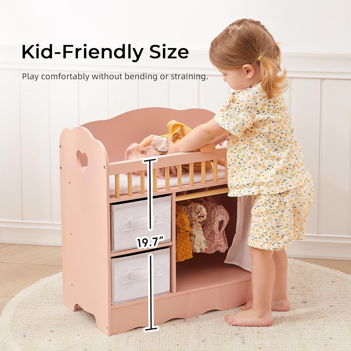 OOOK Baby Doll Crib, Wooden Baby Doll Bed and Changing Table, Dollhouse Furniture with Two Storage Box, Bedding and Coat Hangers, Nursery Playset Suitable for Dolls Under 22 Inches, Pink