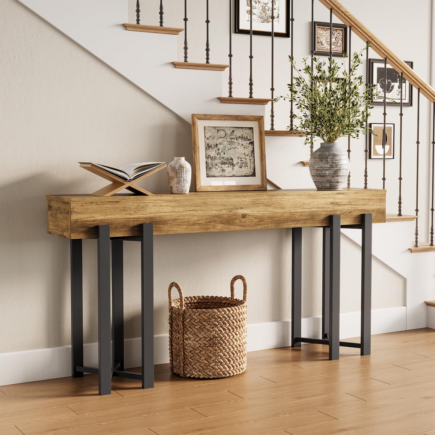 LITTLE TREE 63-Inch Console Table for Entryway, Industrial Behind Couch Table, Minimalist Sofa Table for Living Room, Rustic Brown Wooden Hallway Foyer Table with Black Metal Frame