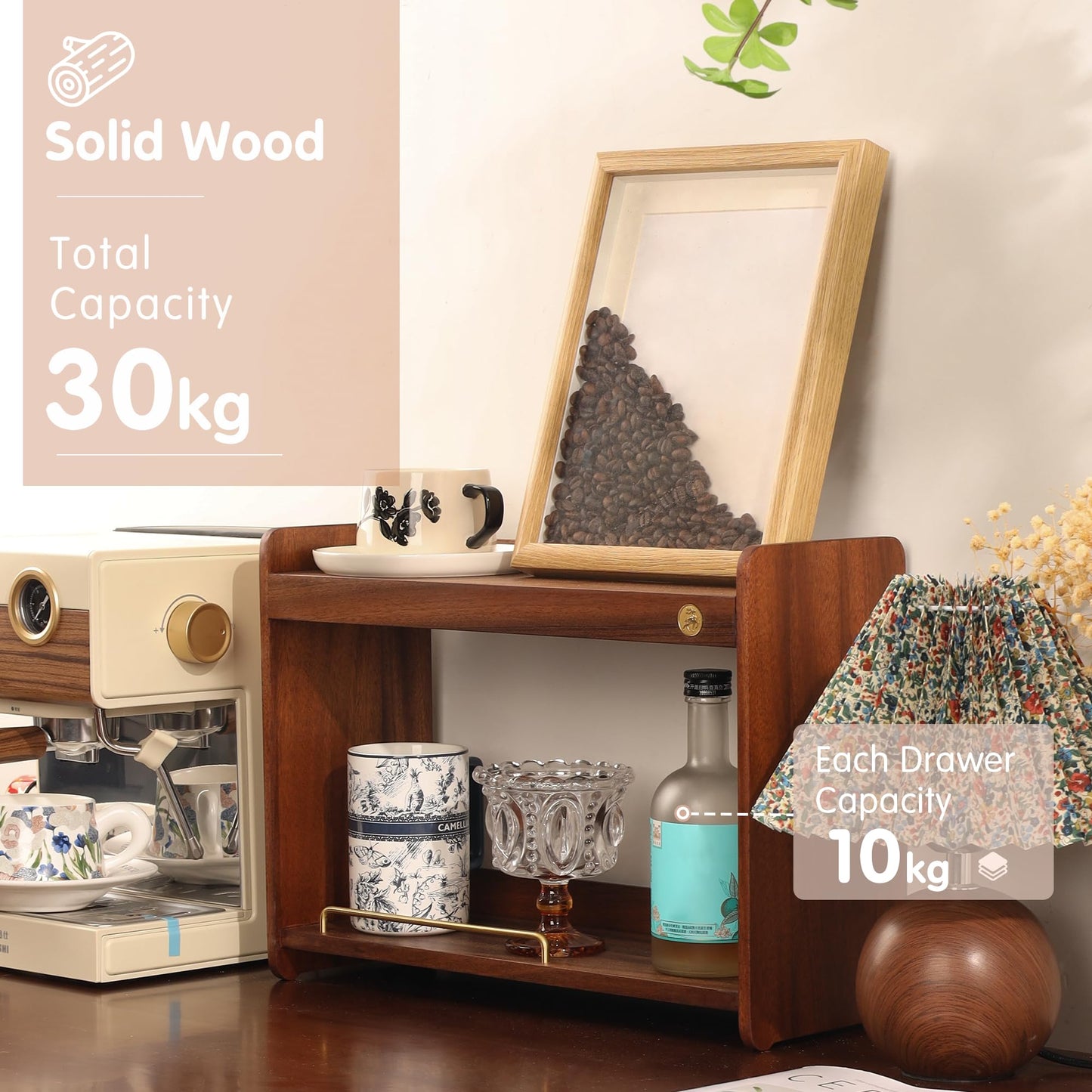 KAOTGOT Coffee Mug Holder Wooden Cup Rack Mug Display Shelf Coffee Cup Holder for Countertop with 2 Tier Wood Coffee Mugs Holder for Kitchen Coffee Cup Storage