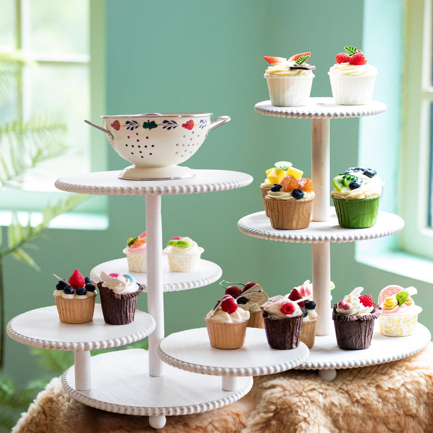 GENMOUS 2PCS 3 Tier and 4 Tier Beaded Cupcake Stand Set for Birthday Party Decor,Rustic Wooden Cupcake Tower Stands for 74 Cupcakes,White Cupcake Tiered Stand Display for Wedding Baby Shower Tea Party