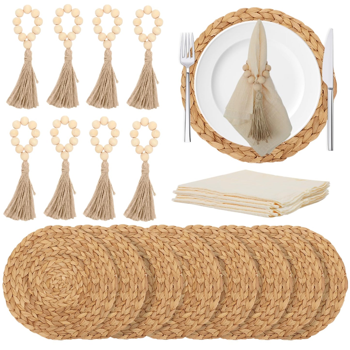 24 PCS Round Woven Placemats Set, 8 Boho Rattan Tablemats 13" Natural Water Hyacinth Farmhouse Place Mats with 8 Napkin, 8 Wooden Beads Napkin Ring for Kitchen Dining Table Decor Wedding Christmas