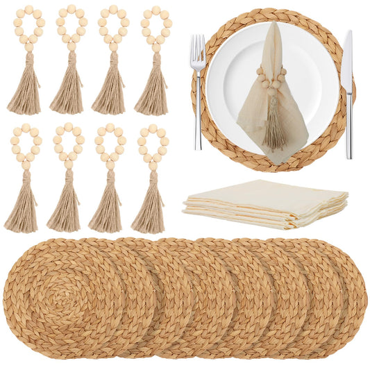 24 PCS Round Woven Placemats Set, 8 Boho Rattan Tablemats 13" Natural Water Hyacinth Farmhouse Place Mats with 8 Napkin, 8 Wooden Beads Napkin Ring for Kitchen Dining Table Decor Wedding Christmas