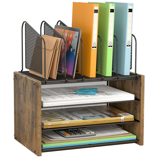 4-Tier Desk Organizer, Desk File Organizer with 5 Vertical File Holders, Office Desktop Organizer with 3 Level Paper Organizer Letter Tray, Wooden Desk Organizers and Accessories for Home Office