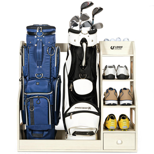 Logicexplore Premium Wooden Golf Bag Organizer Rack, Golf Bag Storage Rack with Drawer, MDF Wooden Golf Organizer for 2 Golf Bags, Heavy Duty Golf Equipment Storage Rack for Home, Garage, Golf Club