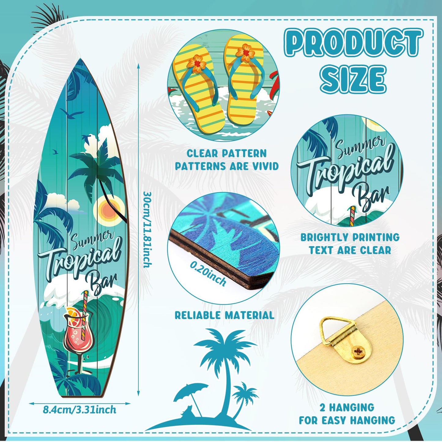 Tatuo 4 Pcs Surfboard Decor Hawaiian Wooden Beach Wall Decor Tiki Tropical Bar Decorations Surfboard Wall Hanging Sign Gifts for Home Aloha Birthday Party(Summer,15.75 x 4.41 x 0.2 Inch)
