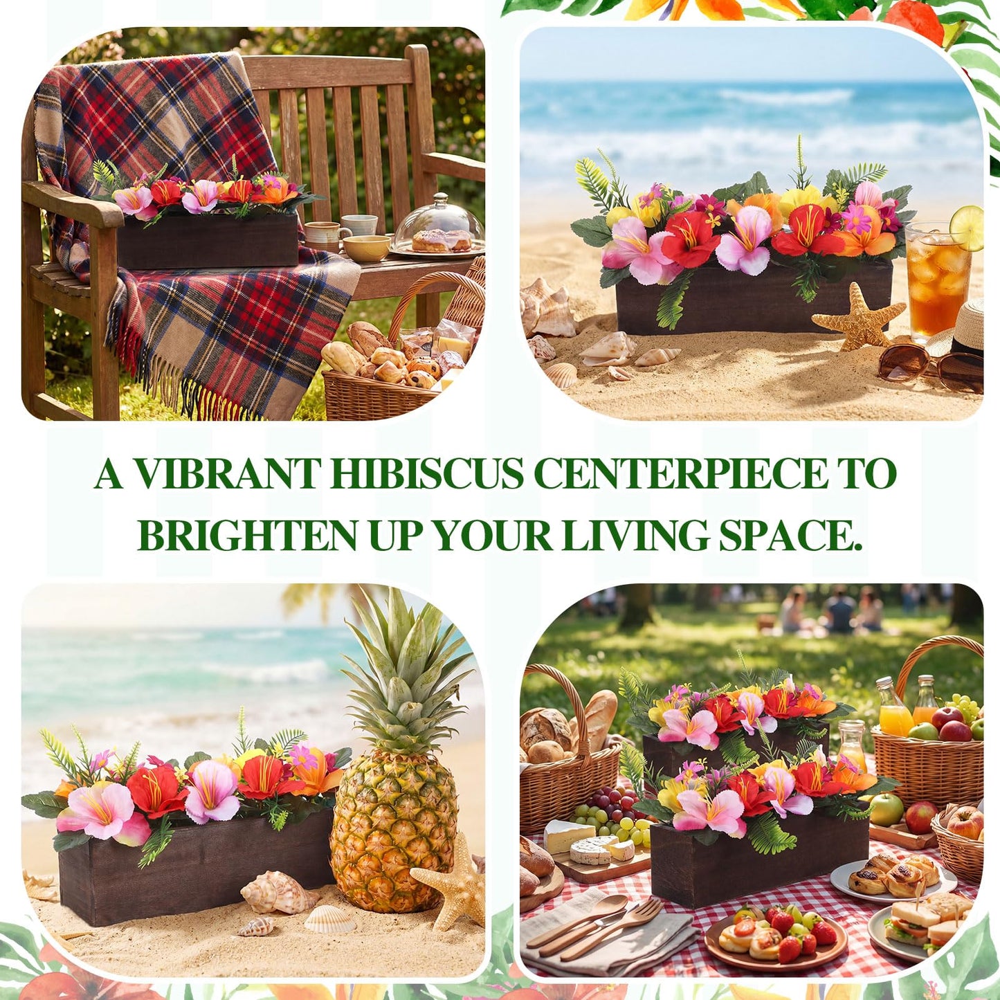 Rivvlive 2PCS Artificial Hibiscus Flowers Table Centerpieces in Wooden Box, 11 inch Summer Beach Wood Box with Realistic Hibiscus Fake Floral Decoration for Hawaiian Luau Beach Party Dining Table
