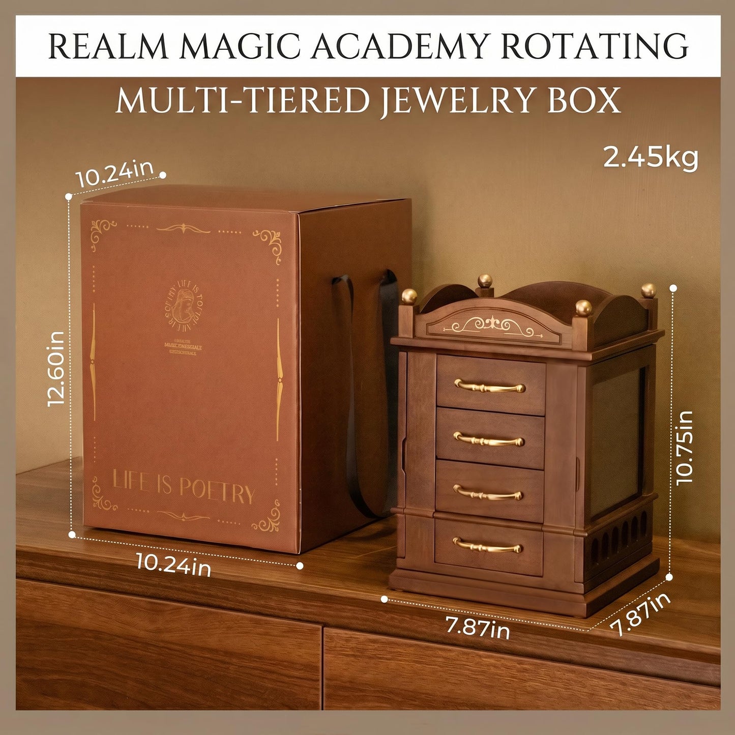 GuaziV Wooden Jewelry Organizer for Women, 360° Rotating Jewelry Box with 4 Drawers, Necklace & Ring Holder, Tangle-Free Jewelry Storage Cabinet for Vanity and Bedroom