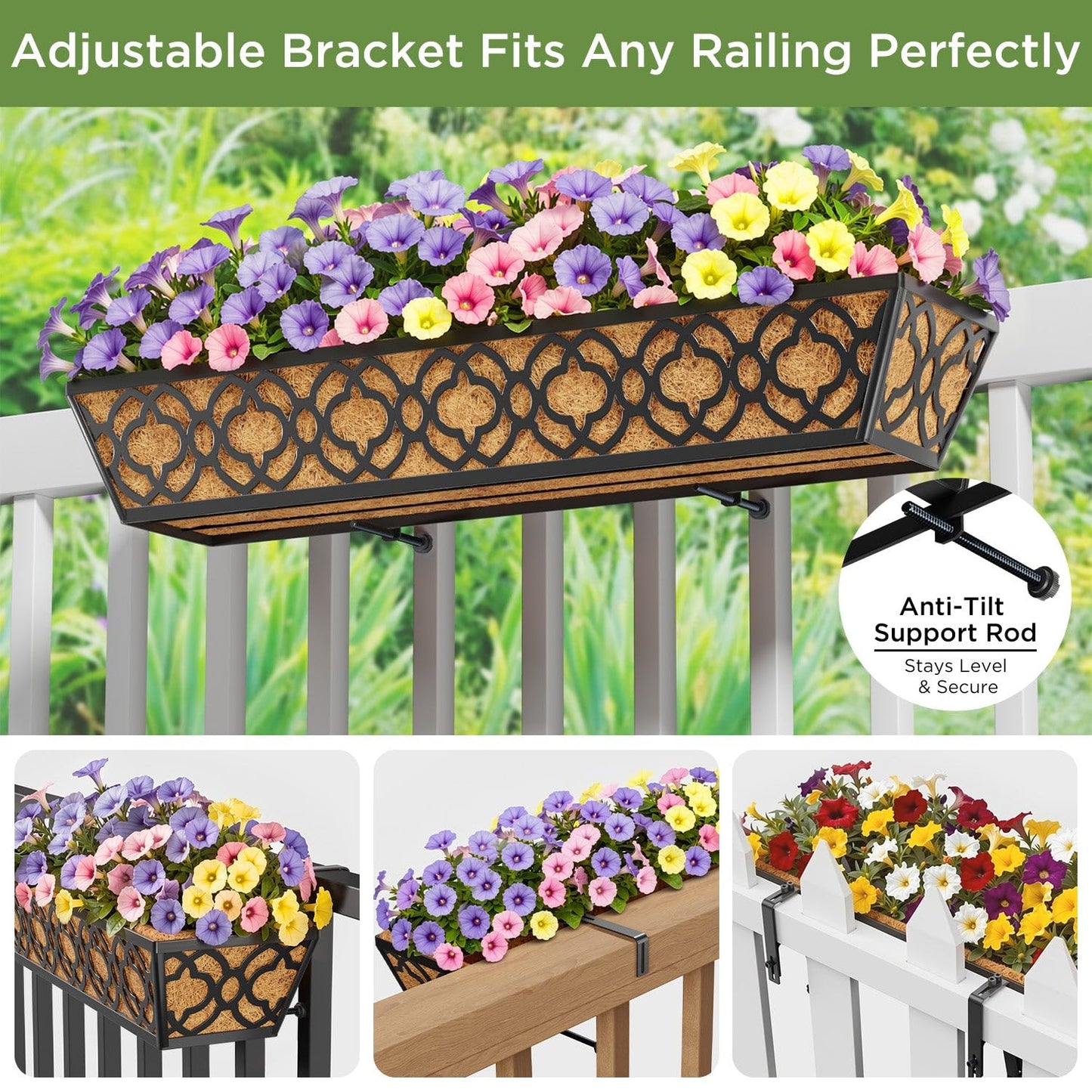 HFHOME 2 Pcs 30" Deck Railing Planter Box with Horse Trough Coco Liners, Black Window Box Metal Hanging Flower Planters Baskets for Indoor, Outdoor, Balcony, Porch, Fence, Patio, and Lawn