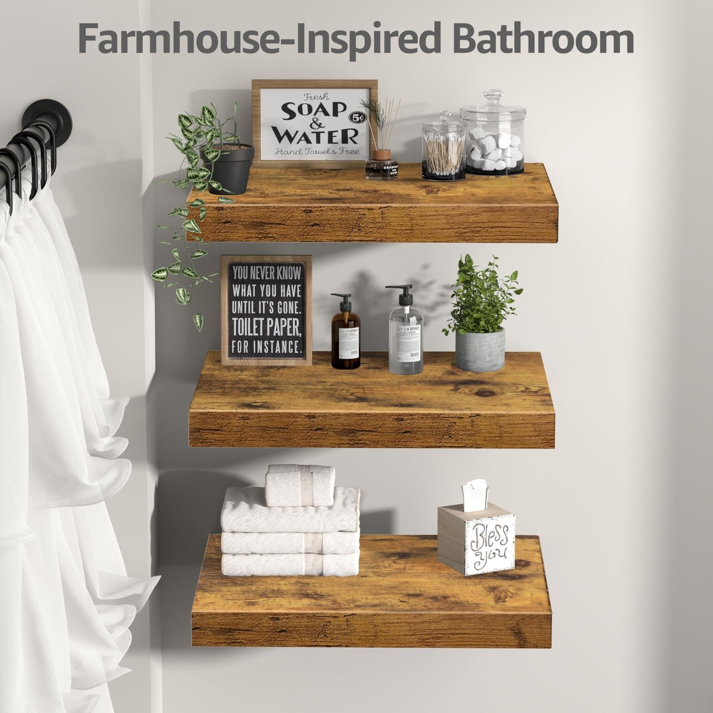 QEEIG 12" Deep Floating Shelves for Wall - 12 x 16 inch Book Shelf Bathroom Bedroom Kitchen Living Room Hanging Bookshelf Farmhouse Set of 3, Brown (026-40BN3)