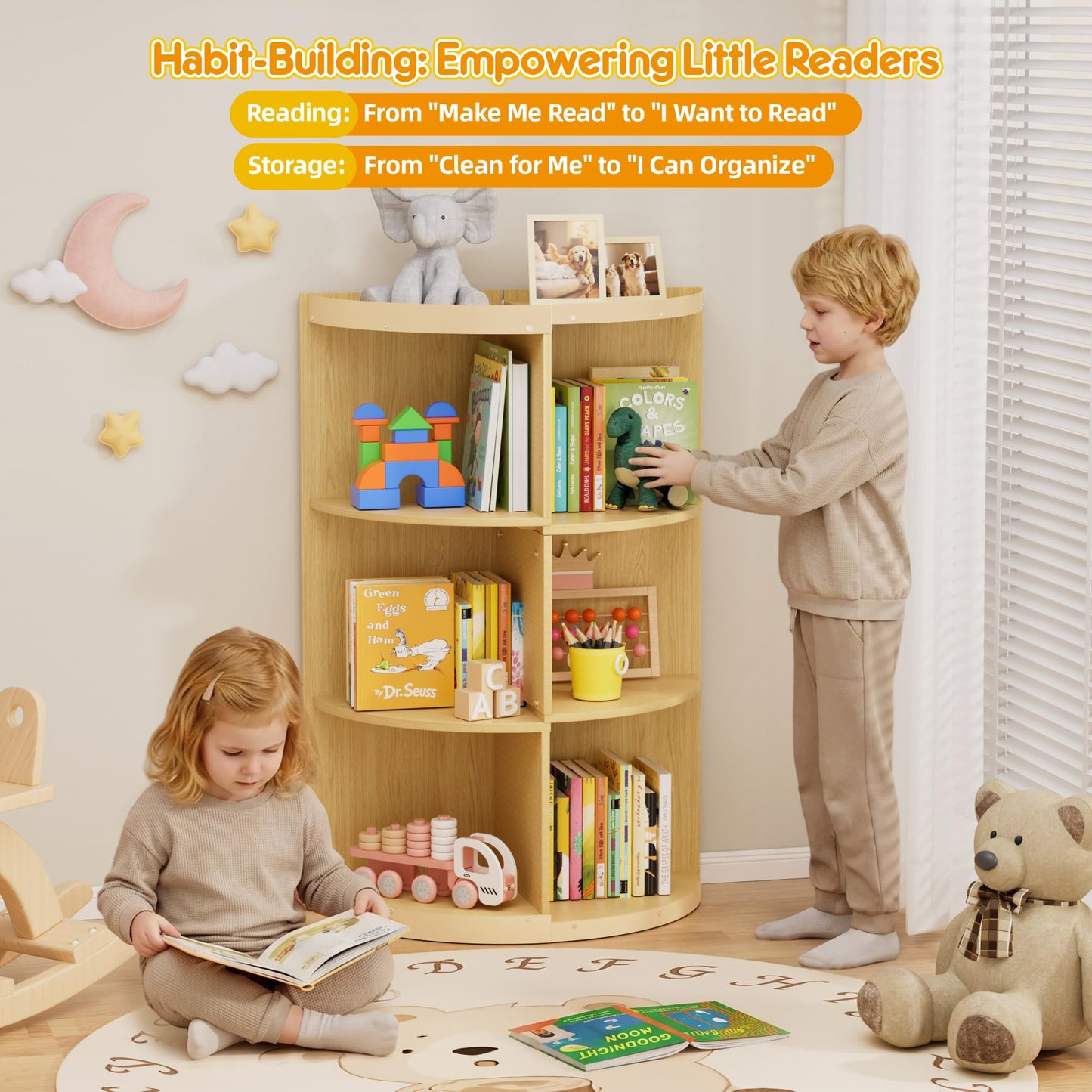 HAVLOTII Wooden Corner Kids Bookshelf, Extendable 3 Tier Montessori Bookcase for Children, Toy Storage Organizer, Space-Saving Book Shelf for Kids Rooms, Classroom, Playroom, Nursery, Daycare