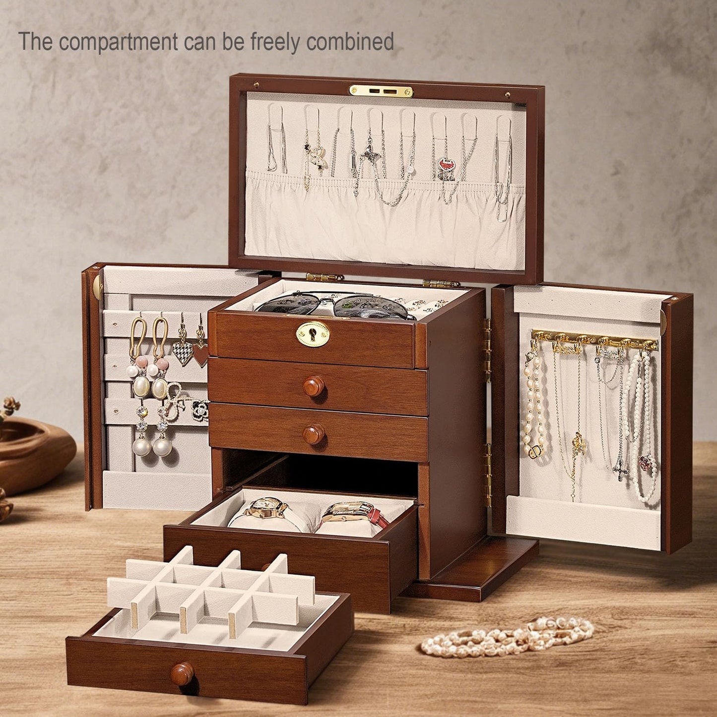 Artisticbox wooden Jewelry Box and Organizer - 8-Layer Lockable Wooden Jewelry Boxes for Women - Large Jewelry Boxes and Organizer with Key,Gift for Wife,dresser top jewelry box with lock