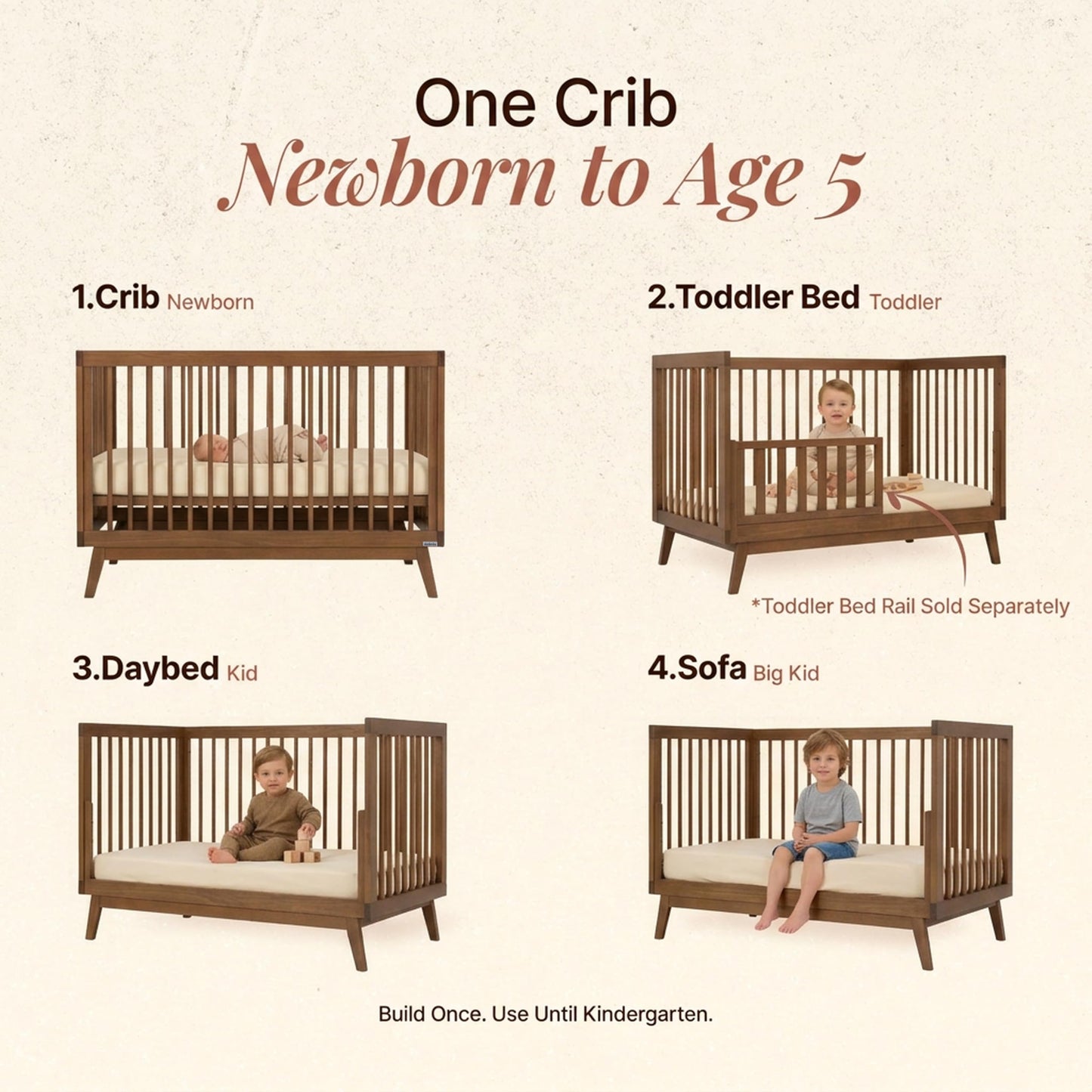 dadada Baby Soho 3-in-1 Convertible Wooden Crib to Toddler Bed - Made in Italy, GREENGUARD Gold Certified, Baby-Safe Finish, Handcrafted Beechwood, Modern Design, 3 Adjustable Heights (Walnut)