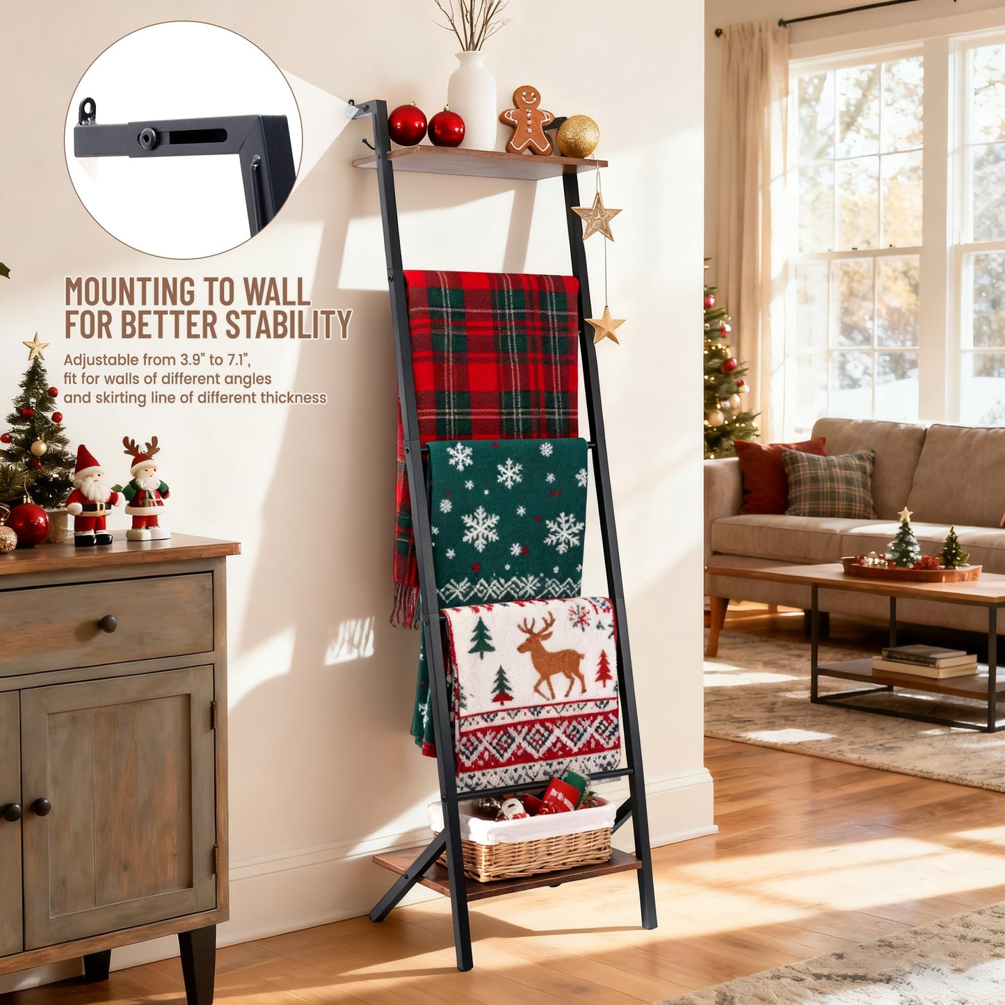 Outink 5 Tier Blanket Ladder with Shelf and Hooks, 4.8ft Metal Ladder Shelf Blanket Holder Storage Rack for Living Room, Free Standing Blanket Rack for Storage and Home Decor