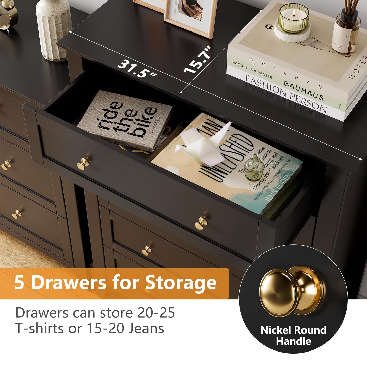 IDEALHOUSE 5 Chest of Drawer Dresser, Modern Wood Organizer Dresser Storage Cabinet with Drawers for Bedroom, Living Room, Entryway, Black