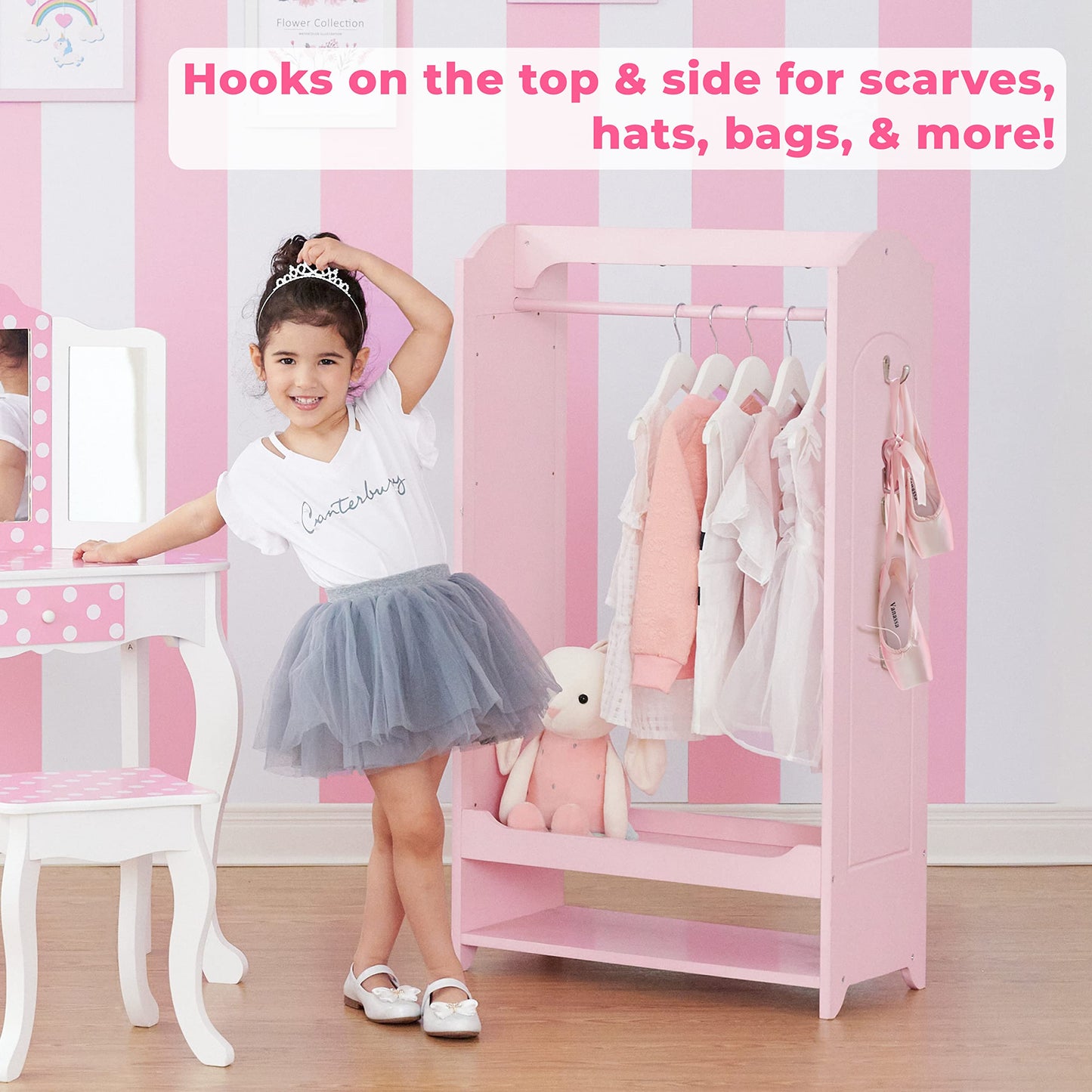 Teamson Kids - Kids Clothed Rack, Girl Dress Up Closet, Kids Dress Up Wardrobe, Dress Up Furniture Hanging Rack for Kids, Toddler Dress Up Station, Wooden Dress Up Unit with Hooks and Mirror - Pink