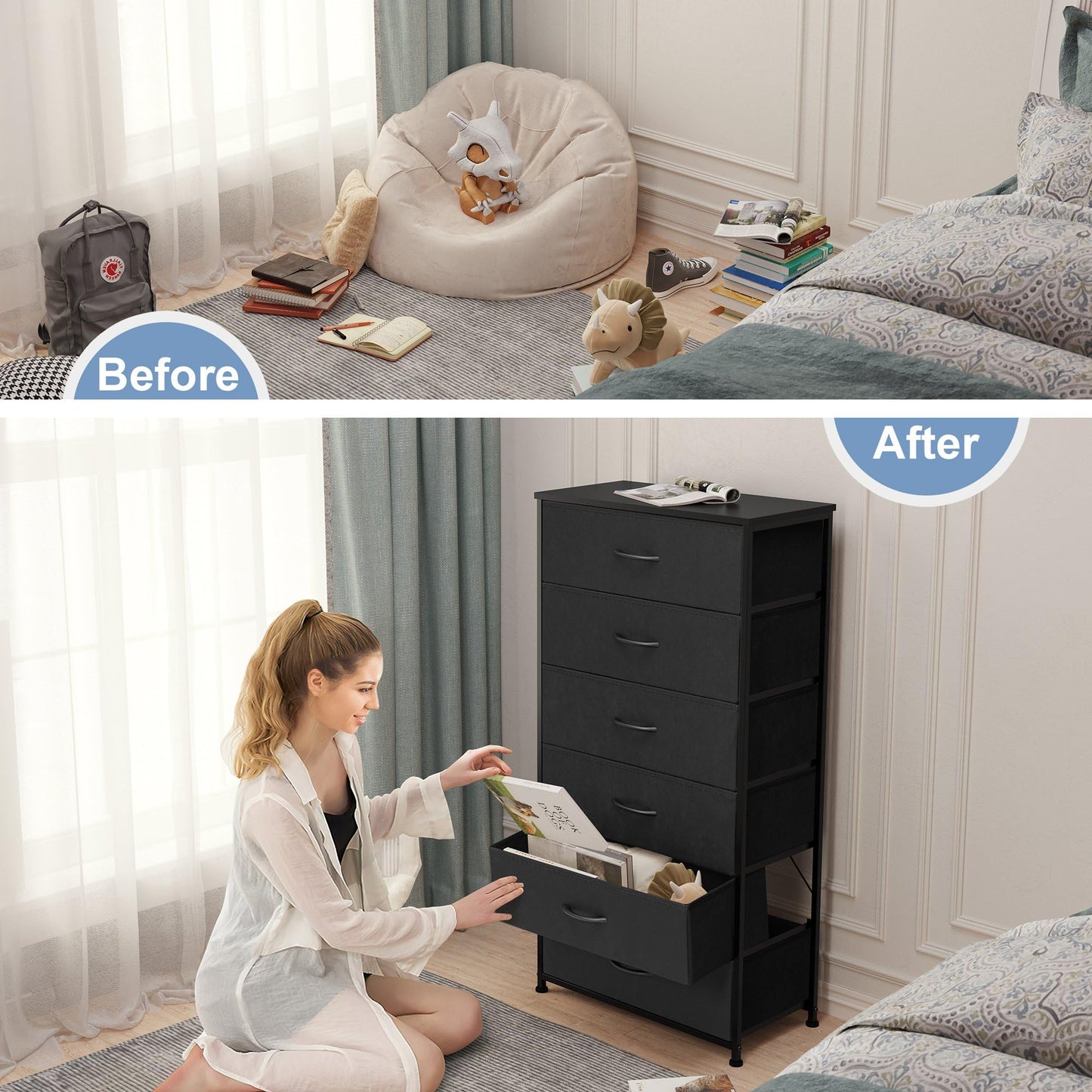 Crestlive Products Dresser for Bedroom with 6 Drawers, Tall Chest of Drawers, Black Dressers Bedroom Furniture, Storage Organizer Unit with Bins for Closet, Hallway, Living Room, Entryway