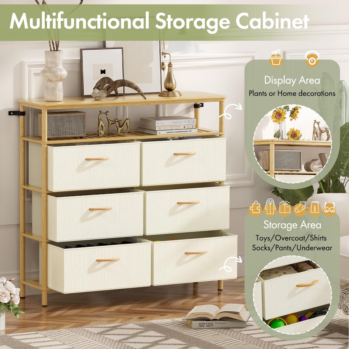 EZ2LIVE Solid Wood Dresser, Dresser with 6 Drawers, Solid Bamboo Frame Paired with Fabric Storage Boxes, Large Capacity, Stable and Durable, Versatile Style, for Bedrooms, Living Rooms, and Hallways