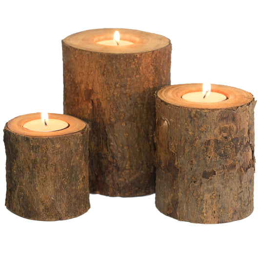 Bark Wooden Pillar Tree Stump Candle Holders Set of 3 – Rustic Wood Candle Holders, Decorative Tealight Holders, Log Cabin & Cozy Cottage Decor