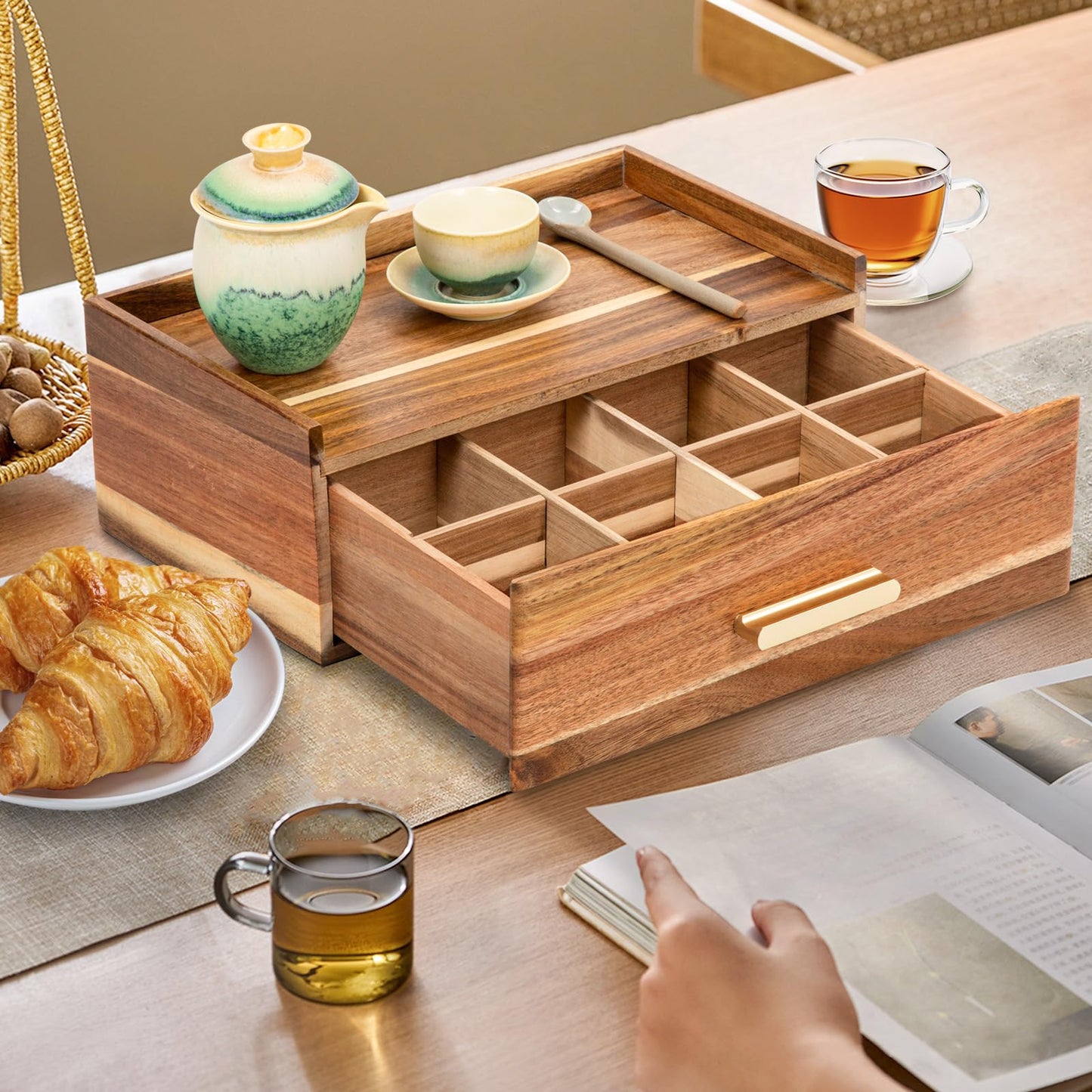 Tea Bag Organizer, Acacia Wood Tea Organizers and Storage Box, Tea Bag Holder Station Caddy Container for Countertop, Tea Accessories Gift Box with Drawer