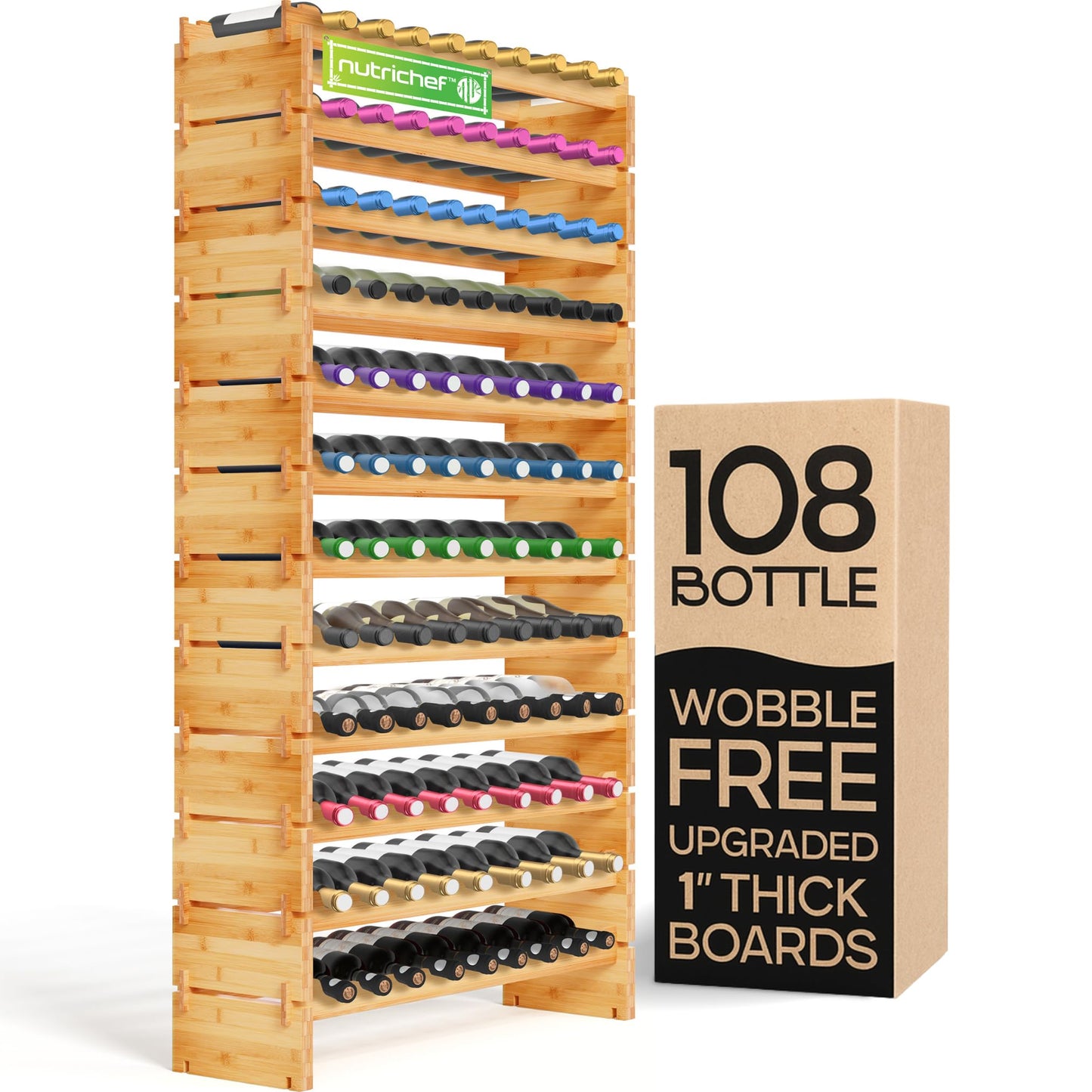 NutriChef 108 Bottle Stackable Bamboo Wine Rack, 12-Tier Modular Shelf