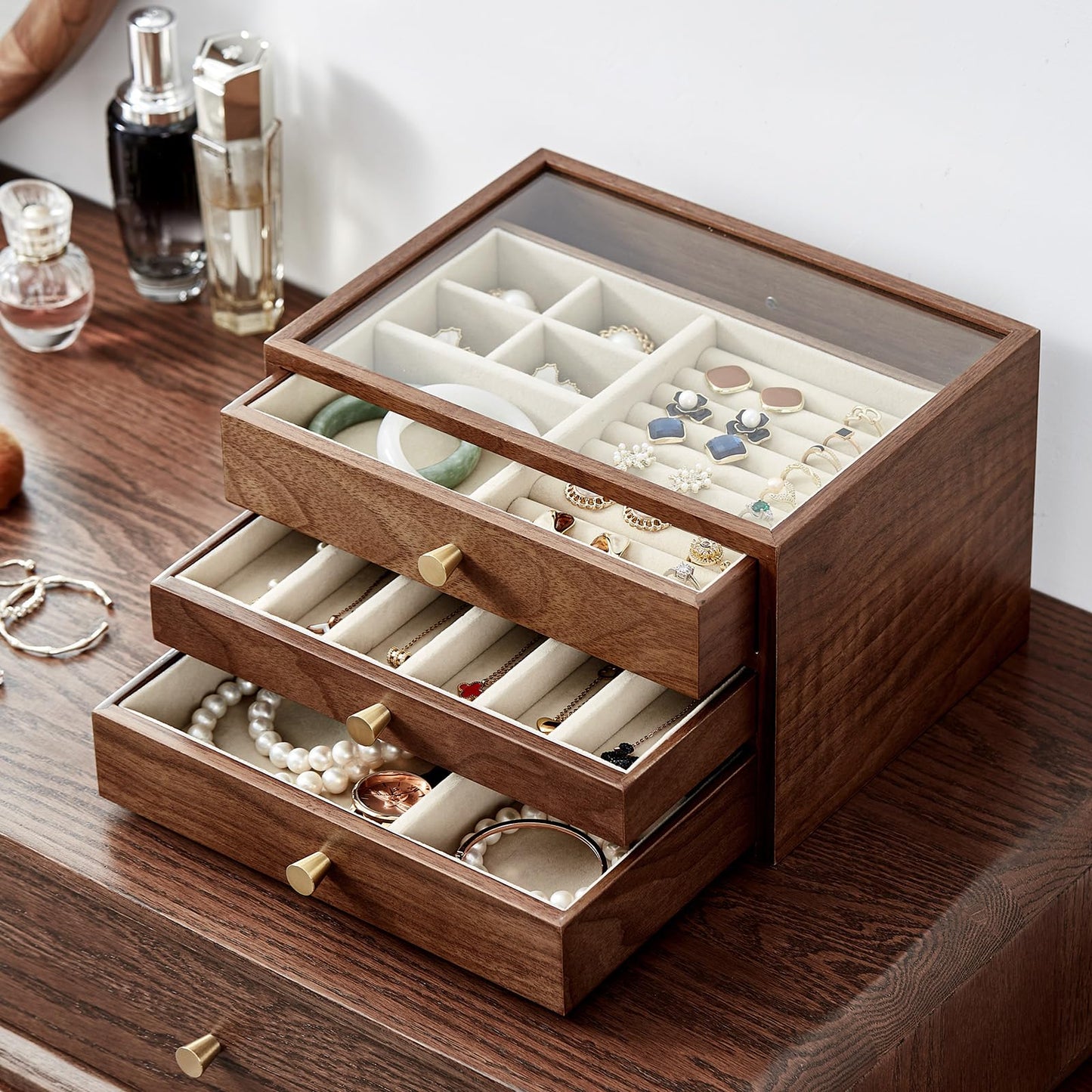 CHOSIN Black Walnut Wooden Jewelry Box for Women, 3-Layer Wood Jewelry Organizer with Glass Lid for Watches, Necklaces, Rings & Earrings Storage, Ideal Gift for Her, Fathers Day Gift