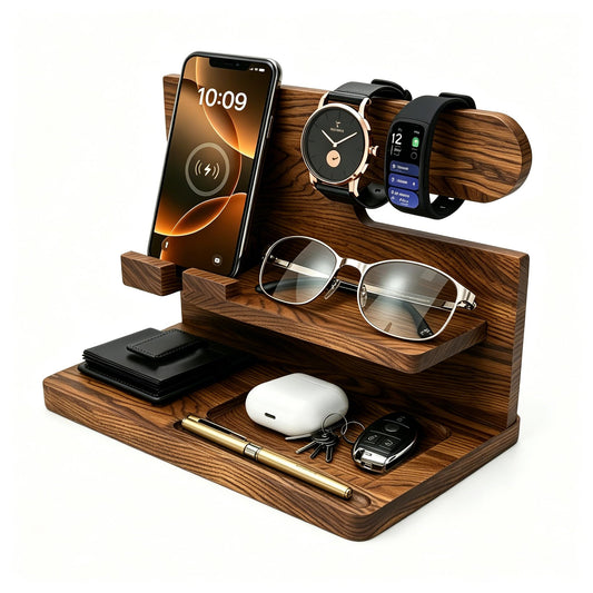 Iswabard Gifts for Men Wood Phone Docking Station Birthday Gift for Men Valentines Day Gifts Father Gift for Him Boyfriend Nightstand Organizer Desktop Phone Stand
