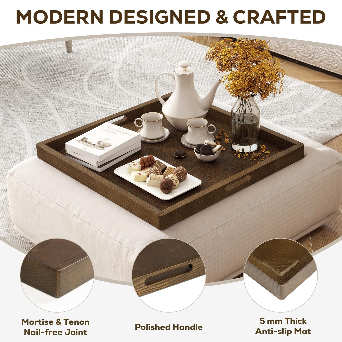 Axeman 22 Inch Large Square Wooden Ottoman Tray for Living Room|Extra Large Serving Tray with Handles for Coffee Table, Breakfast|Decorative Wood Tray for Ottoman Couch Sofa Kitchen|Walnut